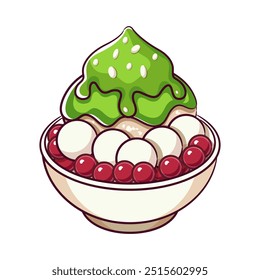 Japanese matcha kakigori illustration vector. Japanese shaved ice with flavored syrup cartoon icon vector.  Japanese dessert kakigori with matcha and red bean. Japanese dessert kakigori icon vector. 