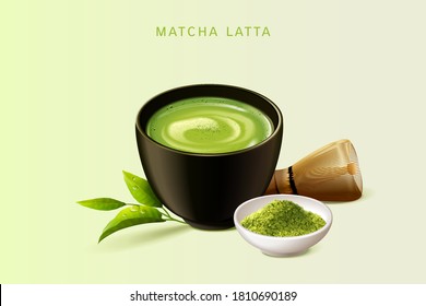 Japanese matcha latte set in 3d illustration, isolated on light green background