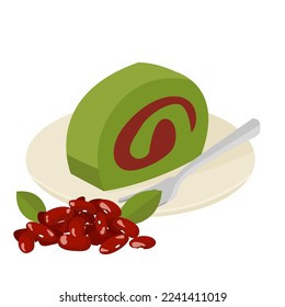 Japanese Matcha roll cake with red bean curd inside