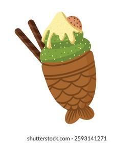 Japanese matcha taiyaki ice cream in a crispy fish-shaped cone, topped with white chocolate and a cookie. A perfect sweet and creamy treat

