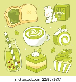 Japanese matcha tea kawaii elements matcha tea milk, donut, bubble tea, ice cream dessert