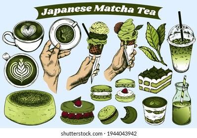 Japanese matcha tea set food. Sketch hand drawn green drink, iced tea, macaron, tiramisu, matcha ice cream, tea leaf, cheesecake, dessert with cream. Takeaway drink in mug, cup. Vector illustration.