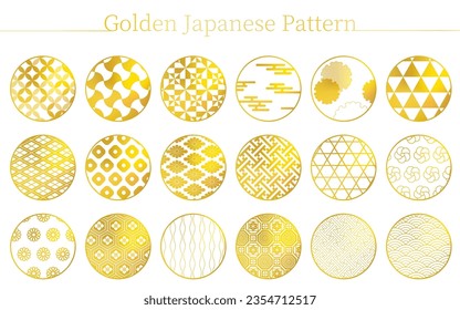 Japanese material, 18 Japanese patterns in gold, Vector Illustration
