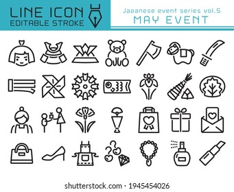 Japanese May Event Vector Icon Set.  Editable Line Stroke. Children's Day, Mother's Day,