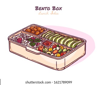 Japanese meal bento box with ready lunch, to go food in zero waste pacage. Healthy diet with rice, avacado, vegetable salad, meat. Vector cute kawaii illustration in hand drawn sketch doodle style