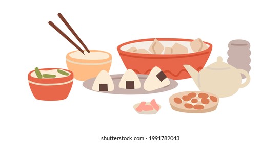 Japanese meals, served for festive dinner. Composition of national Asian dishes from rice and vegetables. Traditional Japan food. Colored flat vector illustration isolated on white background