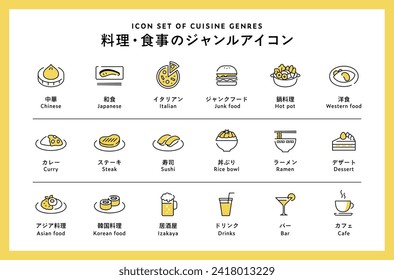 The Japanese meaning is "Icon Set of Cuisine Genres". This is an illustration of categories and kinds of gourmet food.　There are icons of Japanese food, Western food, Chinese, Italian, etc.