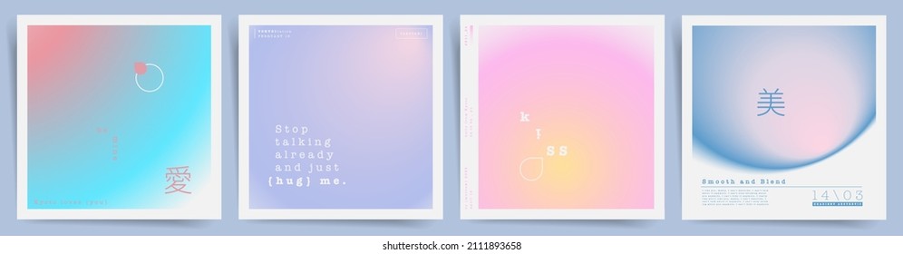 japanese meaning - love, beauty. Social media square post template with modern smooth gradient. Gradient aesthetic cover template design set for poster, social media post and promo banners. Vector.