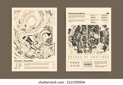 Japanese meaning - Typography and Design. Japanese modern art poster set with text and abstract shapes. Black and beige vector illustration.