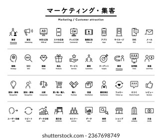 Japanese means "a set of simple icons for marketing and attracting customers."
There are icons related to business, strategy, promotion, advertising, data analysis, SNS, services, etc.