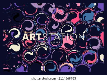 Japanese means - abstract design. Abstract background with vibrant pink blue and purple bubbles. Vector creative modern cover design. Artistic design template for poster, flyer, banner, presentation.