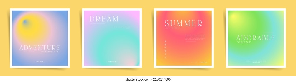 Japanese means - Aesthetic design. Summer gradient blurred frames cover template design set for poster, decorative interior placard, social media square posts. Duotone vector modern art.