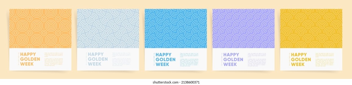 Japanese means - Golden week. japan square template set for social media posts, card or flyer covers, asian background. Holiday promo layout with geometric patterns and traditional ornaments.