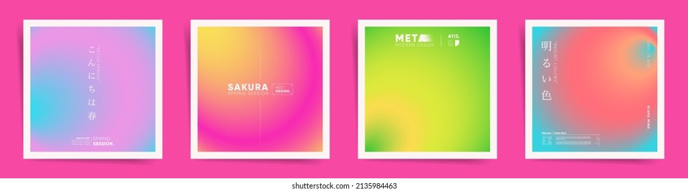 Japanese means    hello spring  bright colors  Spring neon gradient cover template design square set for poster  social media post   vibes album  Neo cyberpunk gradient bright post  Vector media set 