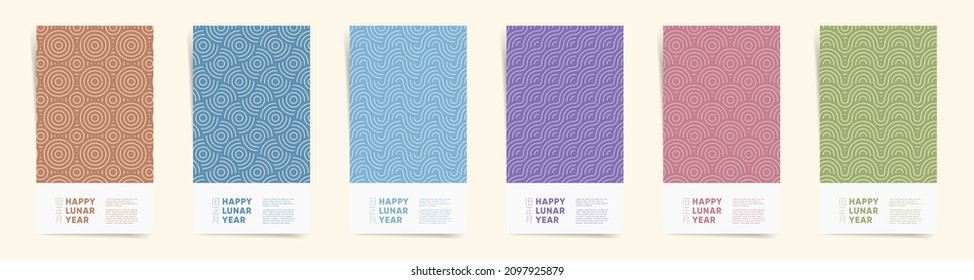 japanese means - lunar year. Promo stories banners design template set. Abstract geometric stories frames or minimalism modern social posts. Wavy patterns, seigaiha lines in brown blue pink colors set