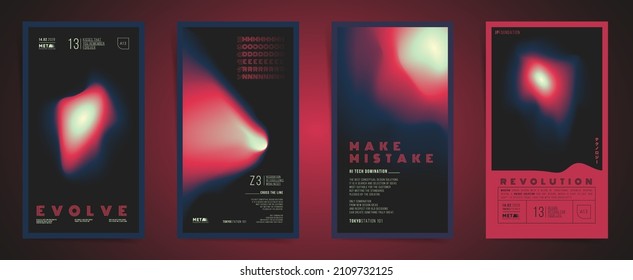 Japanese means - modern. Set of futuristic gradient 3d bold story posters templates for science, music or presentation 3d print. Holographic, cyberpunk geometric vector illustration background.