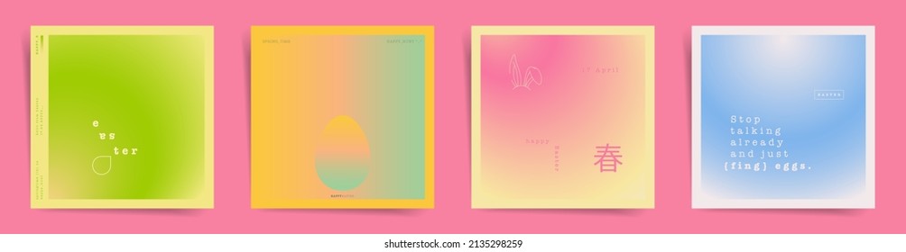 Japanese means    spring  Happy Easter square card covers lovely post template design set  Modern aesthetic japanese gradient graphic backgrounds  Pale green  pink  orange colors 	