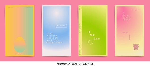 Japanese means - spring. Happy Easter stories banners fashion template posts. Spring design for stories and promo posts. Vertical vector covers in blue, pink, orange, yellow.	