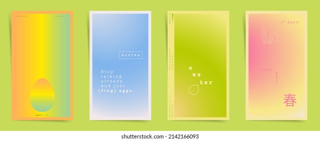 Japanese means - spring. Happy Easter stories banners template posts. Easter gradient spring design for stories and promo posts. Vertical vector covers in blue, pink, orange, yellow.