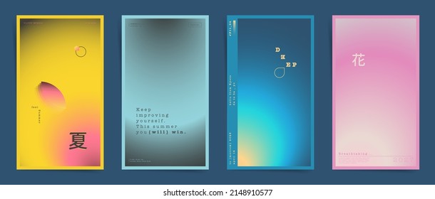 Japanese means - summer, flower. Neon vertical stories, gradient cover template design set for poster, social media post, vintage frames banners. Blurry gradient neon colors. Vector retro set.	