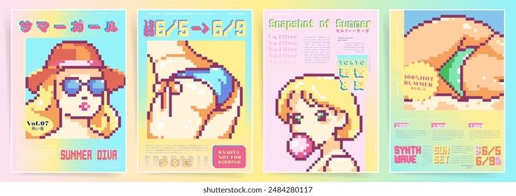 Japanese means - "Summer Girl, Pixel Party, Retrowave Design". Pixel Summer Y2K Retro Digital Posters. Vintage Game Art for Home Decor, Bikini Swimwear and Cute Elements.