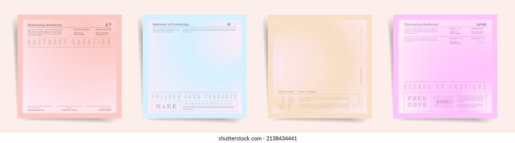 Japanese Means - Typography And Gradient. Plain Spring Square Gradient Cover Template Design Set For Poster, Social Media Post And Album With Text. Blurred Pale Gradient Elegant Fashion Post. Vector.