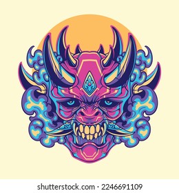 Japanese Mecha Oni Mask. Vector Art