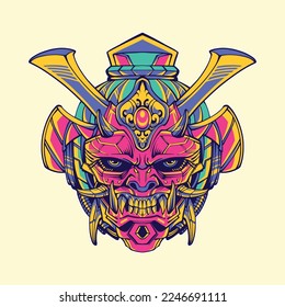 Japanese Mecha Oni Mask. Vector Art