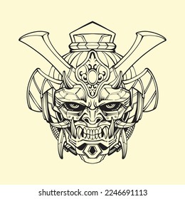 Japanese Mecha Oni Mask. Vector Art