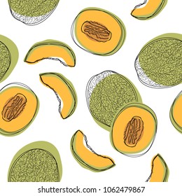 Japanese melons sliced seamless pattern, orange melon or cantaloupe melon isolated on white background. Vector illustration