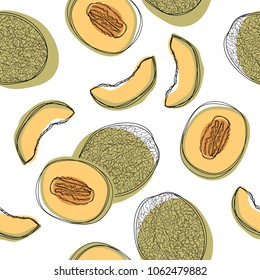 Japanese melons sliced seamless pattern, orange melon or cantaloupe melon isolated on white background. Vector illustration