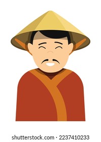 Japanese merchant with small black mustache in national straw hat. Ancient man in festive traditional dress. Cartoon character. Vector isolated on white background