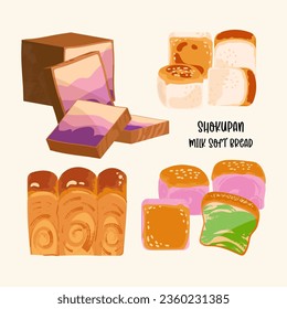 Japanese Milk Bread Loaf Shokupan vector set. Japan asia bakery flat cute illustration collection