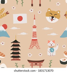 Japanese Miniature Illustration, Pagoda, Meiji Shrine, Mount Fuji, Tokyo Tower, Maneki Neko Writtern Happiness And Sushi Illustration. Seamless Pattern, Vector Illustration EPS 10.