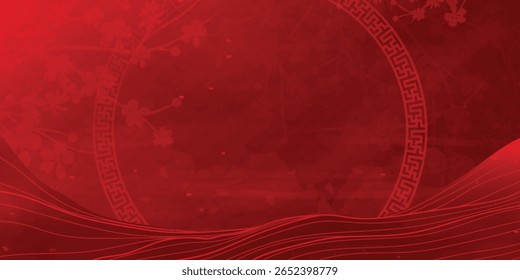 Japanische minimale Hintergrund Vektor. Tapete Design mit Kirschblüte Zweig, Rahmen, Meereswelle, Aquarell Textur auf rotem Hintergrund. Illustration für Cover, Banner, Website, Paket, Deko-Interieur.