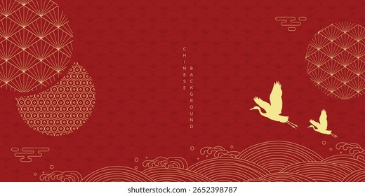 Vector de fondo mínimo japonés. Diseño de Fondo de pantalla con patrón de línea, pájaro de la grúa, onda de mar sobre fondo rojo. Ilustración para la cubierta, Anuncio, Sitio web, paquete, deco interior.
