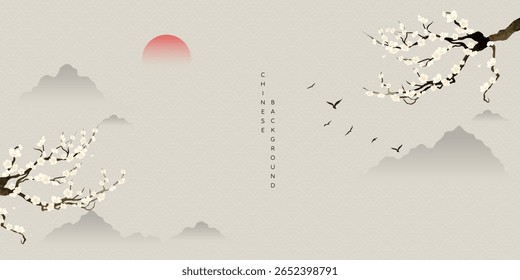 Japanese minimal background vector. Wallpaper design with line wave pattern, bird, cherry blossom branch, mountain on light background. Illustration for cover, banner, website, package, deco interior.