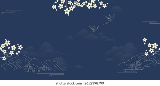 Japanische minimale Hintergrund Vektor. Tapete Design mit Kranvogel, Berg, Wolke, Kirschblüte auf blauem Hintergrund. Illustration für Cover, Banner, Website, Paket, Deko-Interieur.