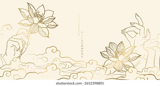 Japanese minimal background vector. Wallpaper design with hand of guan yin hold lotus flower and cloud on light background. Illustration for cover, banner, website, package, deco interior.