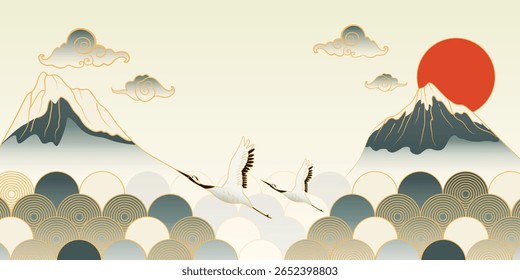 Japanese minimal background vector. Wallpaper design with sea wave, crane bird, mountain, sun, cloud on light background. Illustration for cover, banner, website, package, deco interior.