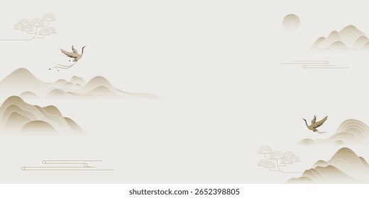 Japanese minimal background vector. Wallpaper design with crane bird, mountain, cloud line art on light background. Illustration for cover, banner, website, package, deco interior.