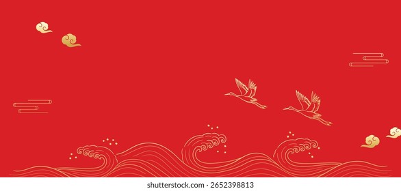 Japanese minimal background vector. Wallpaper design with sea wave, cloud, crane bird gold line art art on red background. Illustration for cover, banner, website, package, deco interior.