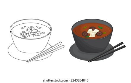 Japanese miso soup in black bowl with mushrooms and tofu. Kids coloring book for elementary school. Traditional Asian cuisine. Vector illustration. Cartoon.