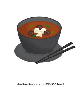 Japanese miso soup in black bowl with mushrooms and tofu. Traditional Asian cuisine. Vector illustration. Cartoon.