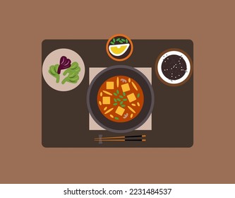 Japanese miso soup with noodles, mushrooms and tofu