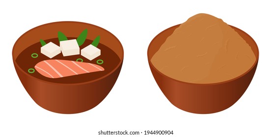 Japanese miso soup and paste in brown bowls isometric cartoon vector illustration isolated on white.