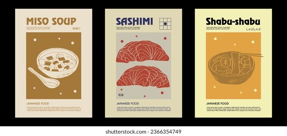 Sopa de miso japonesa, sashimi, shaby-shabu. Diseño de etiquetas de precio o afiches. Conjunto de ilustraciones vectoriales. Tipografía. Estilo de grabado. Etiquetas, cubierta, estampado de camisetas, pintura.