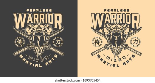 Japanese mixed martial arts academy logo in vintage monochrome style with snake head and crossed katana swords isolated vector illustration. Japan translation - Samurai, Power