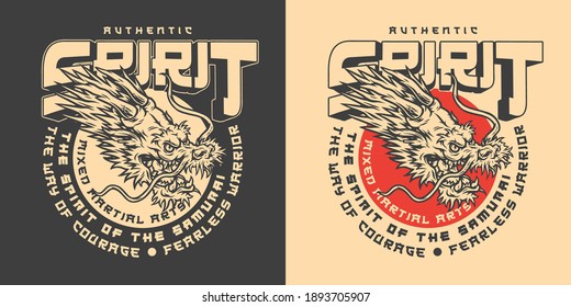 Japanese mixed martial arts academy label in vintage monochrome style with fantasy dragon head isolated vector illustration