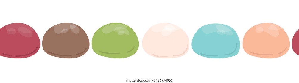 Frontera japonesa sin fisuras mochi. Mochi de color con diferentes rellenos en una fila. Comida dulce asiática. Mochi japonés en masa de arroz. Ilustración plana del vector